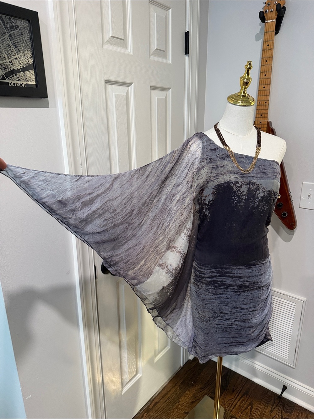 Leon Max Limited Edition One-Shoulder Slate Gray Draped Chiffon Dress 100% Silk